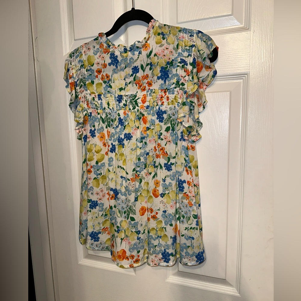 Dear John DJ Small Boho Smocked Accents Floral Short Ruffle Sleeve Rayon  Top